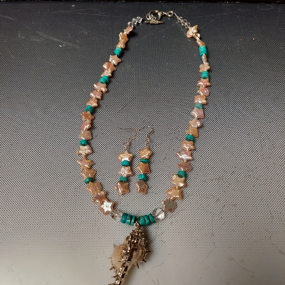 PEARLS FOR 2025 STARRY SKIES necklace pearls turquoise seashell pendant earrings - Picture 2 of 5